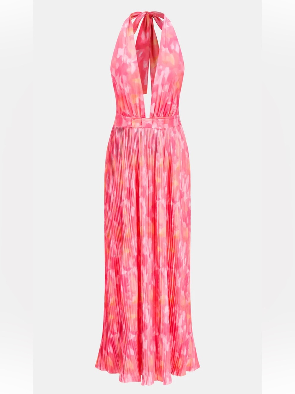Commense Watercolor Print Pleated Halter Maxi Dress